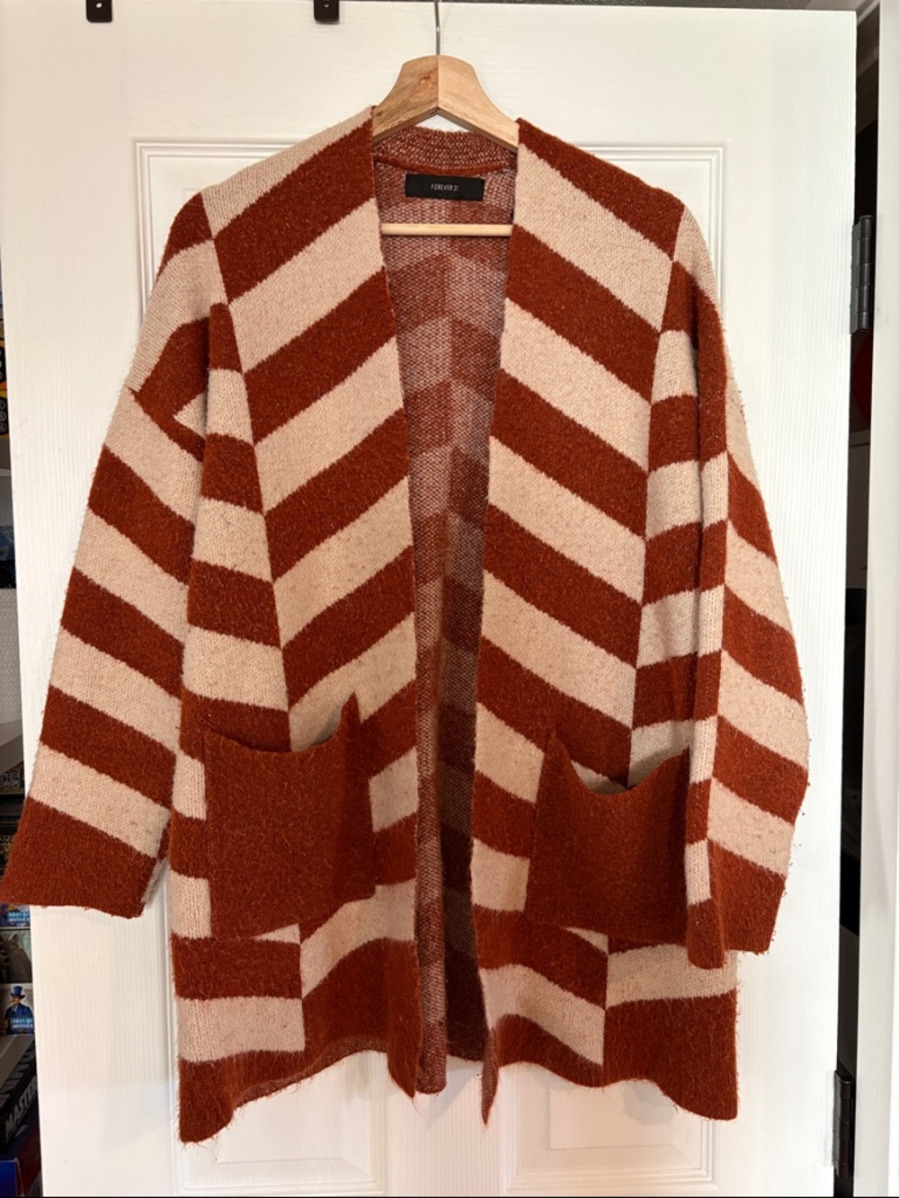 Forever 21 Diagonal Stripe Open-Front Cardigan - Rust & Cream